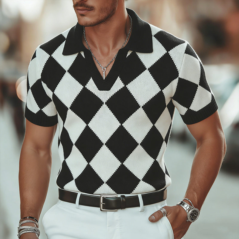 Men's Retro Casual Diamond Pattern Knit Short-Sleeve Polo Shirt MTZ1453A8TO