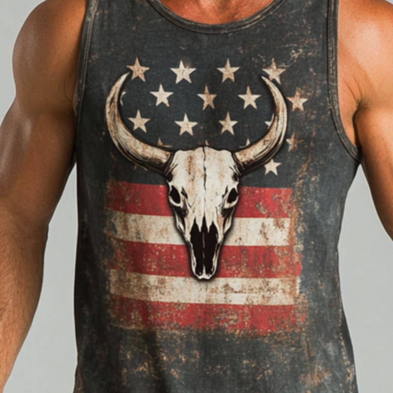 Men's Retro Casual Western Cowboy Style American Flag Printed Crew Neck Tank Top MTA0620E3TO