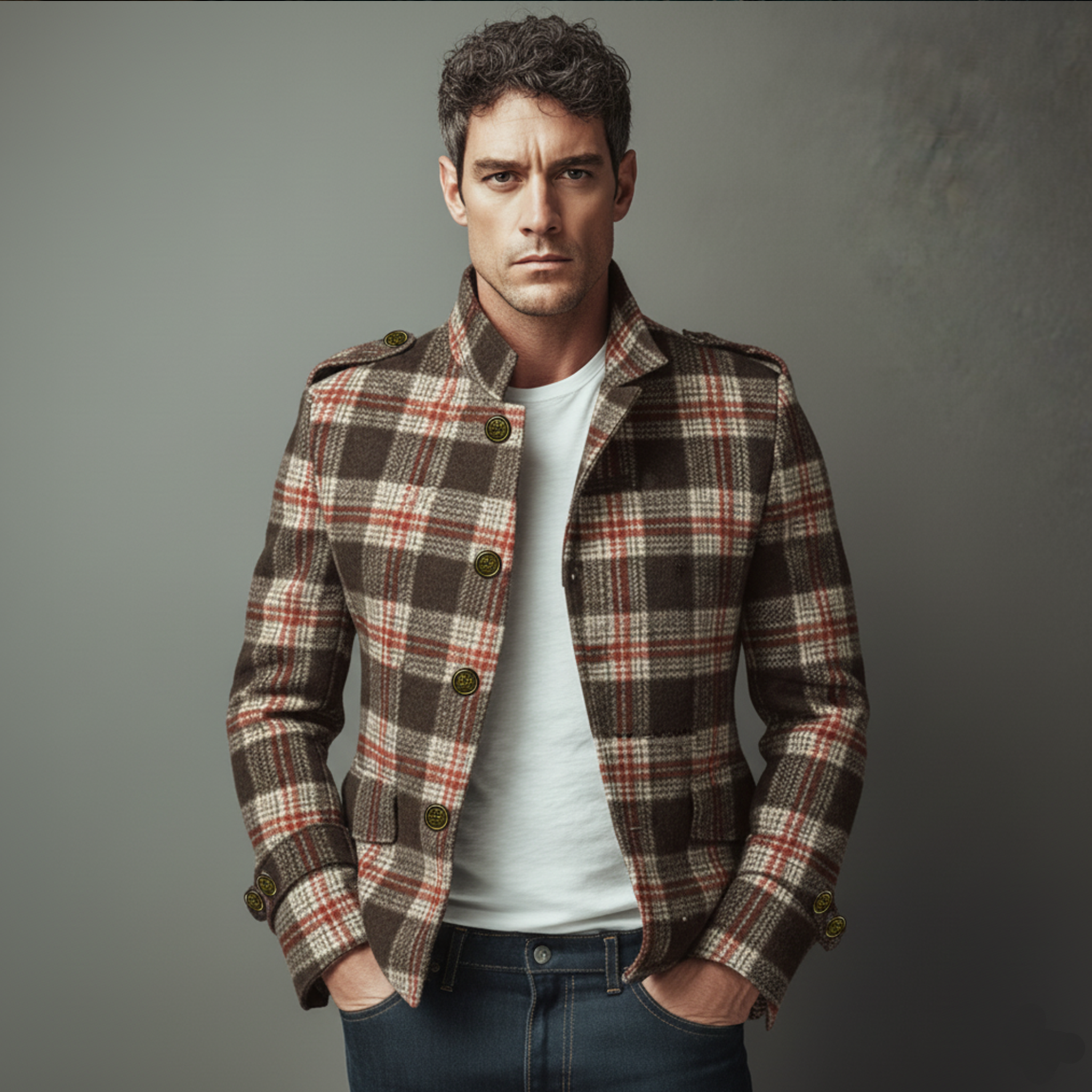 Men's Classic Retro Stand Collar Plaid Faux Woolen Slim Jacket MTA2982I9K