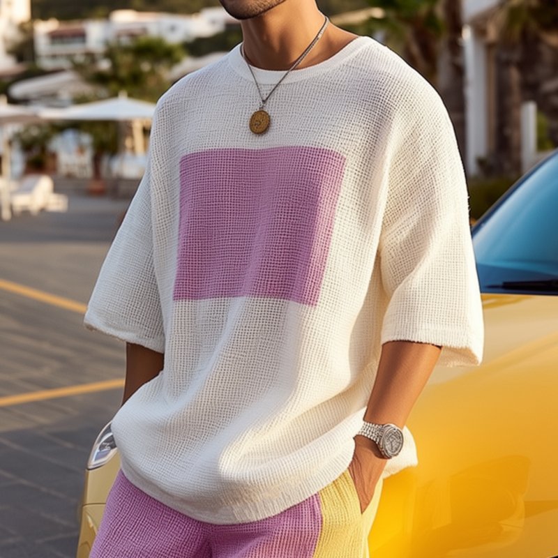 Men's Fashion Colorblock Round Neck Loose Short Sleeve Knitted Sweater T-shirt MTA2593F8M
