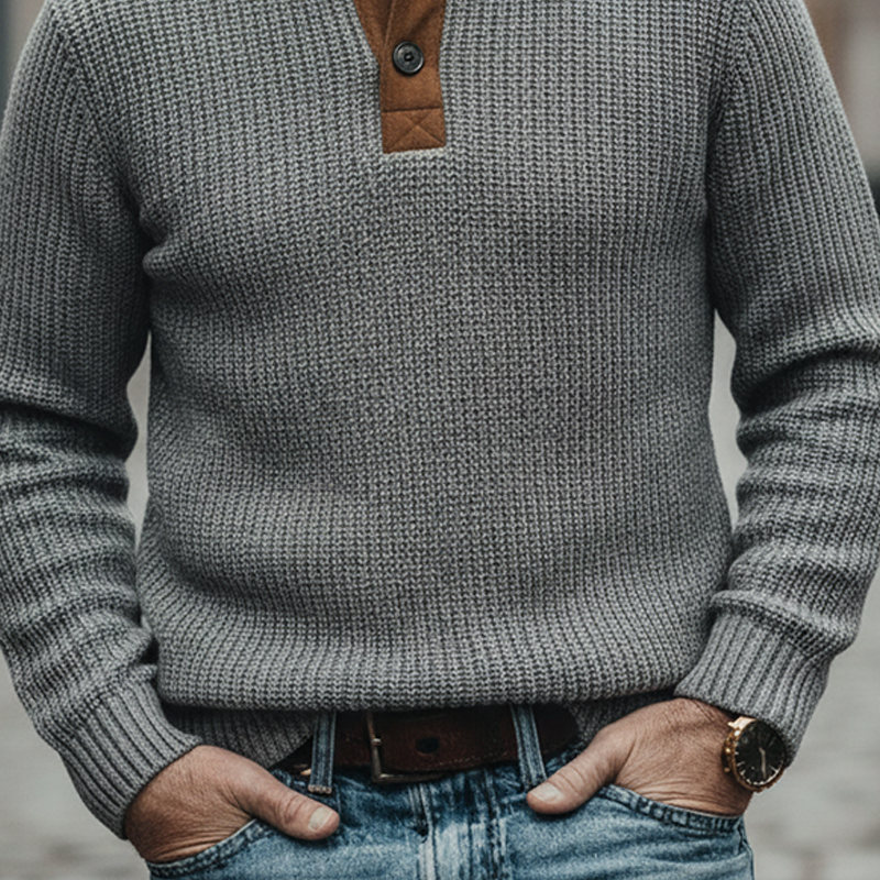 Men's Patchwork Faux Suede Knit Stand-up Collar Pullover Sweater MTA2184K0X