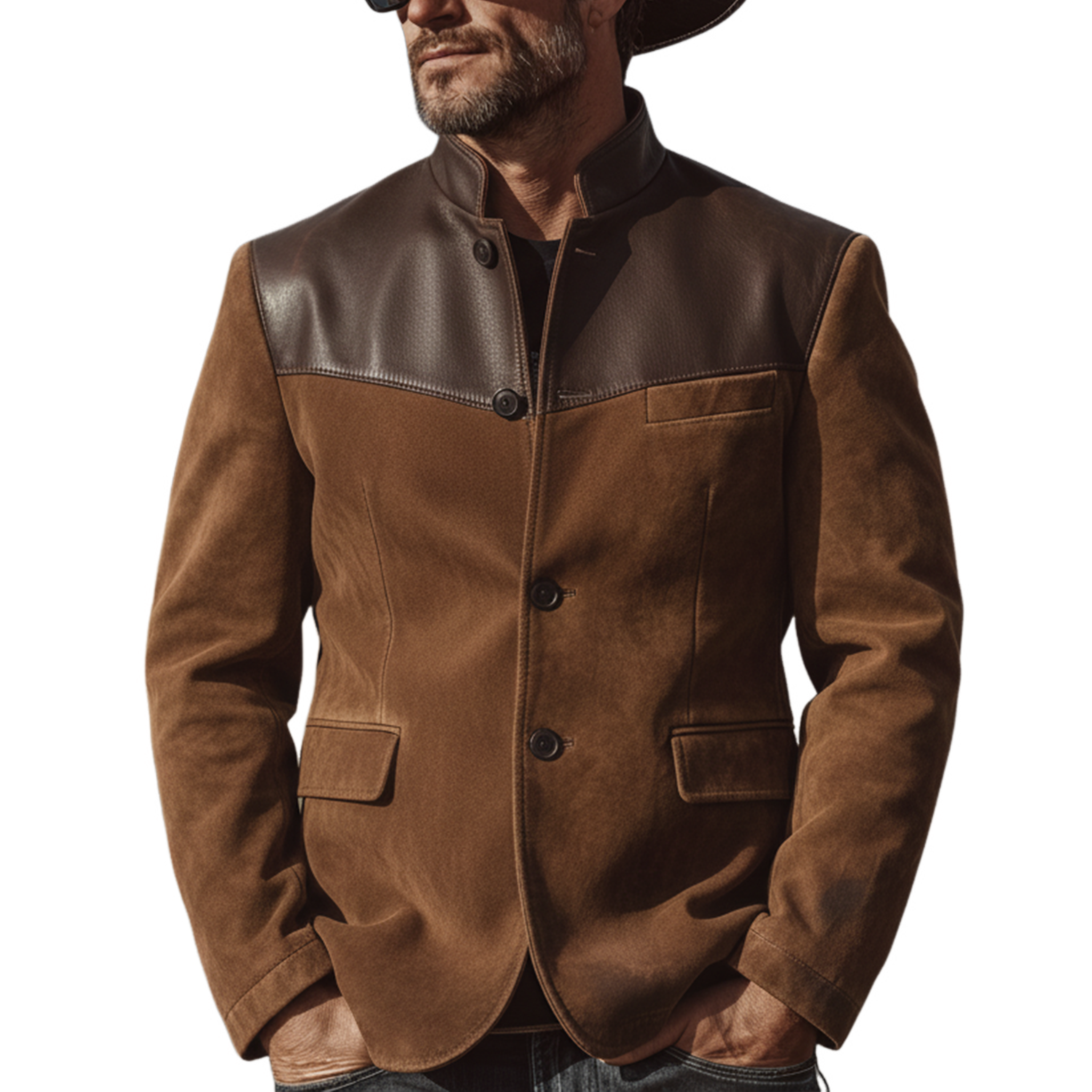 Men's Classic Vintage Western-style Stand-collar Faux Suede Single-breasted Jacket MTA0888L0K