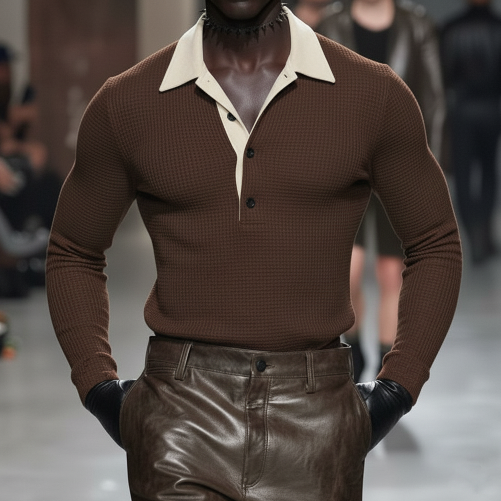 Men's Classic Casual Faux Suede And Waffle-knit Patchwork Slim-fit Long-sleeved Polo Shirt MTA0897L2K