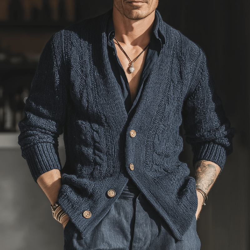 Men's Classic Cable Knit Jacquard Navy Blue Button-up Cardigan MTA2925K8U