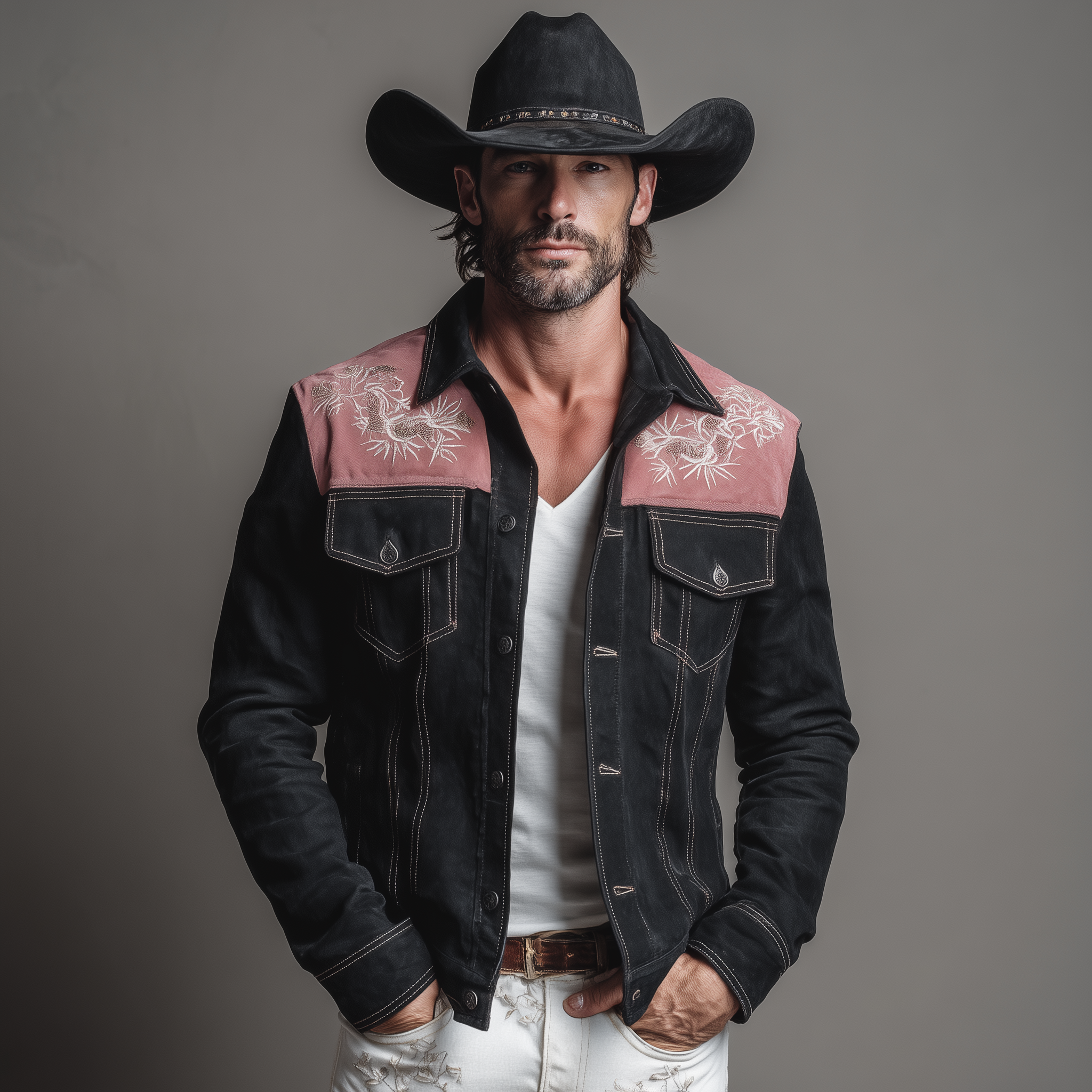 Men's Classic Retro Western Style Pink And Black Suede Patchwork Embroidered Jacket MTA2696H6K