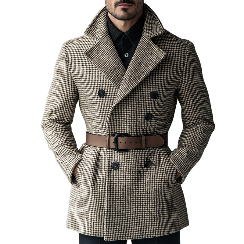 Men's Retro Casual Houndstooth Double-Breasted Belt Jacket MTA2026K4TO
