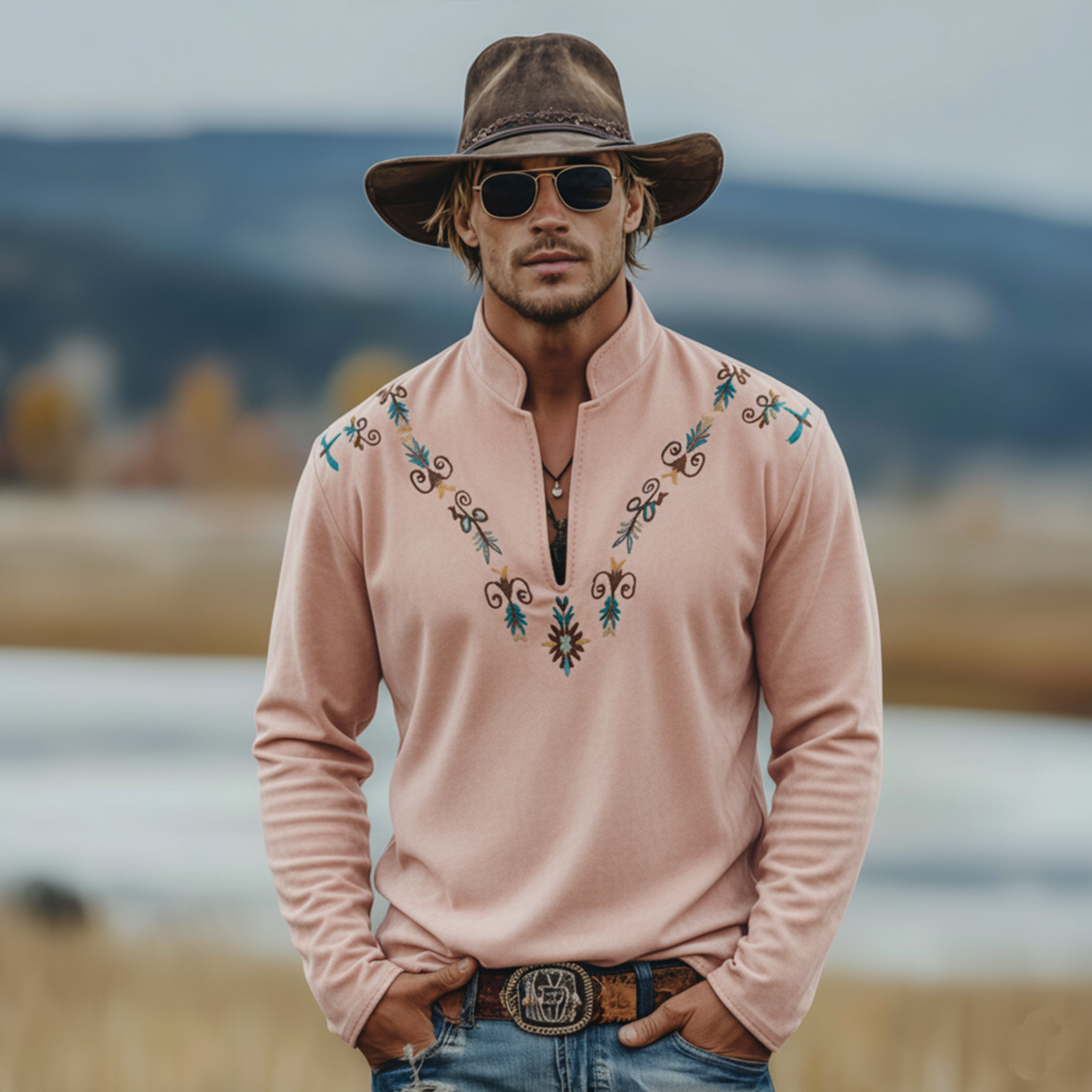 Men's Casual Western Rugged Style Stand Collar Embroidered Faux Suede Long Sleeve T-Shirt MTA2735K1K