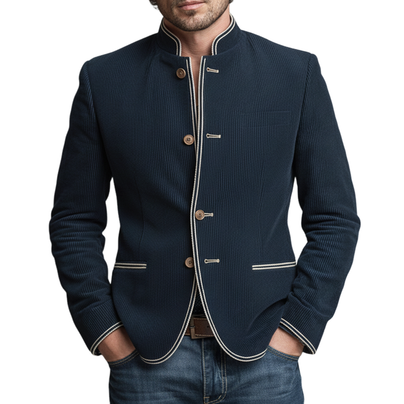 Men's Classic Corduroy Embroidered Stand-collar Slim-fit Single-vent Jacket MTA0849L4U