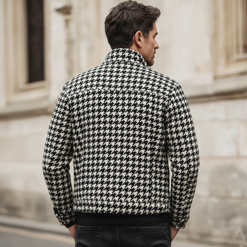 Men's Classic Stand-collar Houndstooth Faux Wool Button-up Jacket MTA0559L7U