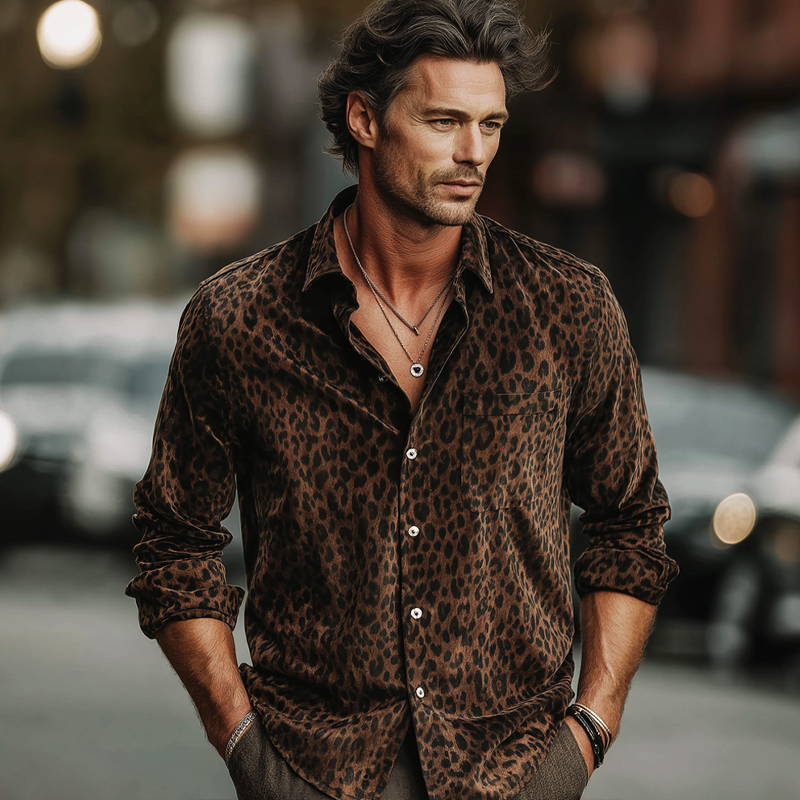 Men's Urban Dark Brown Leopard Long-sleeved Shirt MTA0958L0U