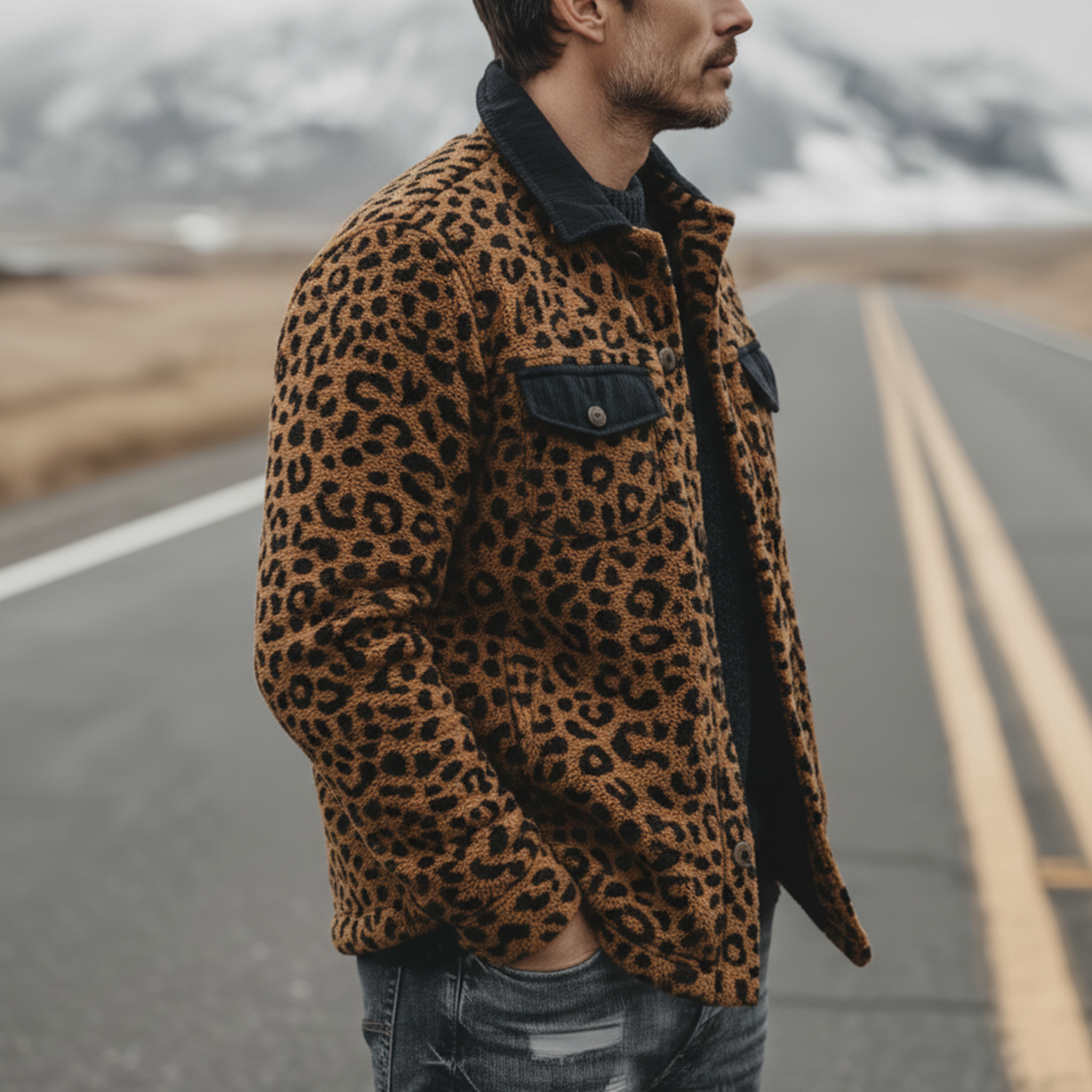 Men's Classic Casual Corduroy Collar And Flap Leopard Print Teddy Jacket MTA1714J6K