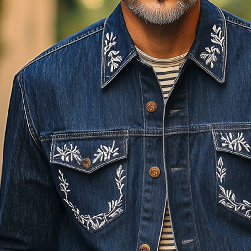Herreskjorte med sølvfarget vintage-broderi og langermet denim MTA2213E9U