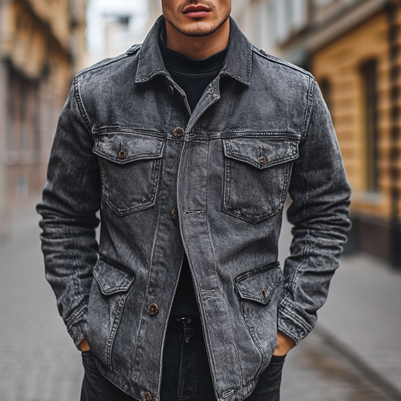 Men's Solid Color Vintage Lapel Multi-pocket Denim Jacket MTA1224I0X