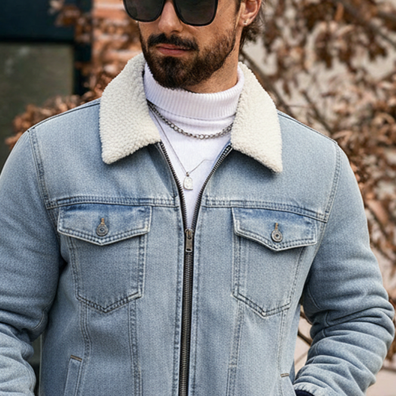 Men's Retro Washed Fleece Collar Zipper Denim Jacket MTA2819J2X
