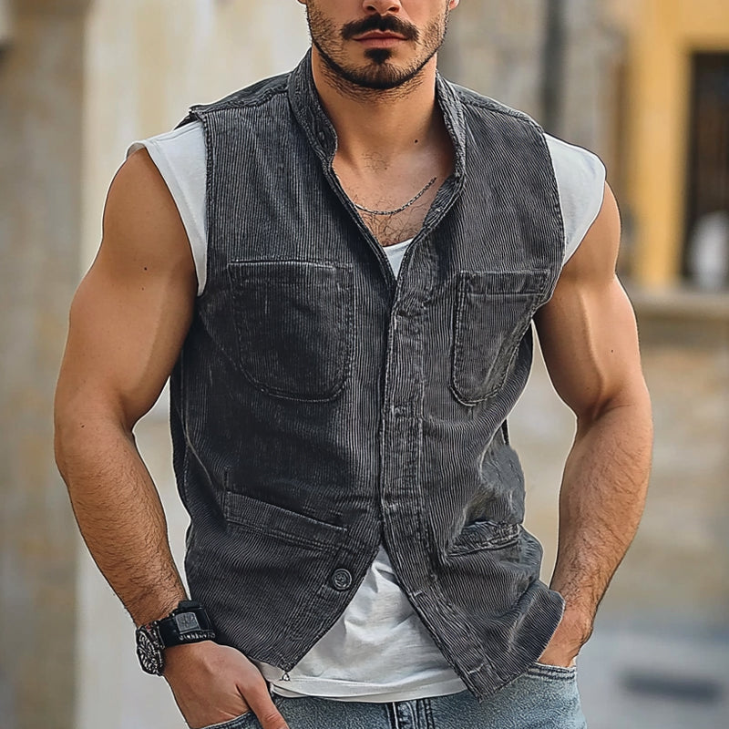 Men's Vintage Corduroy Stand Collar Multi-Pocket Vest MTA1706C4X