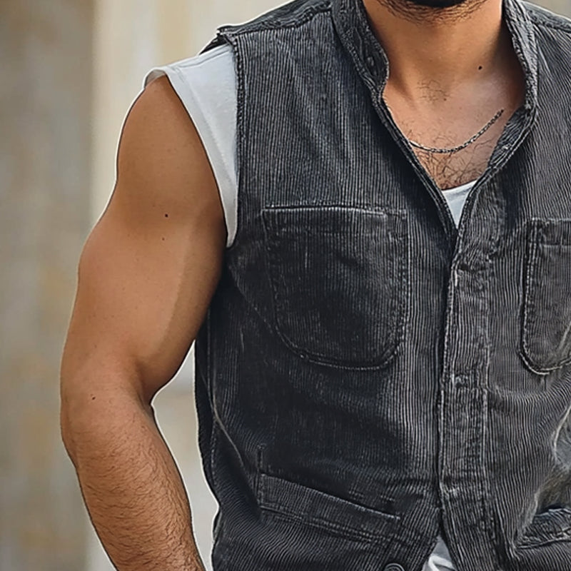 Men's Vintage Corduroy Stand Collar Multi-Pocket Vest MTA1706C4X