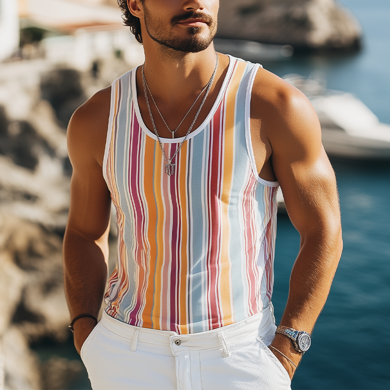 Men's Summer Fashion Casual Contrast Vertical Stripes Printed Tank Top MTA2224C3K