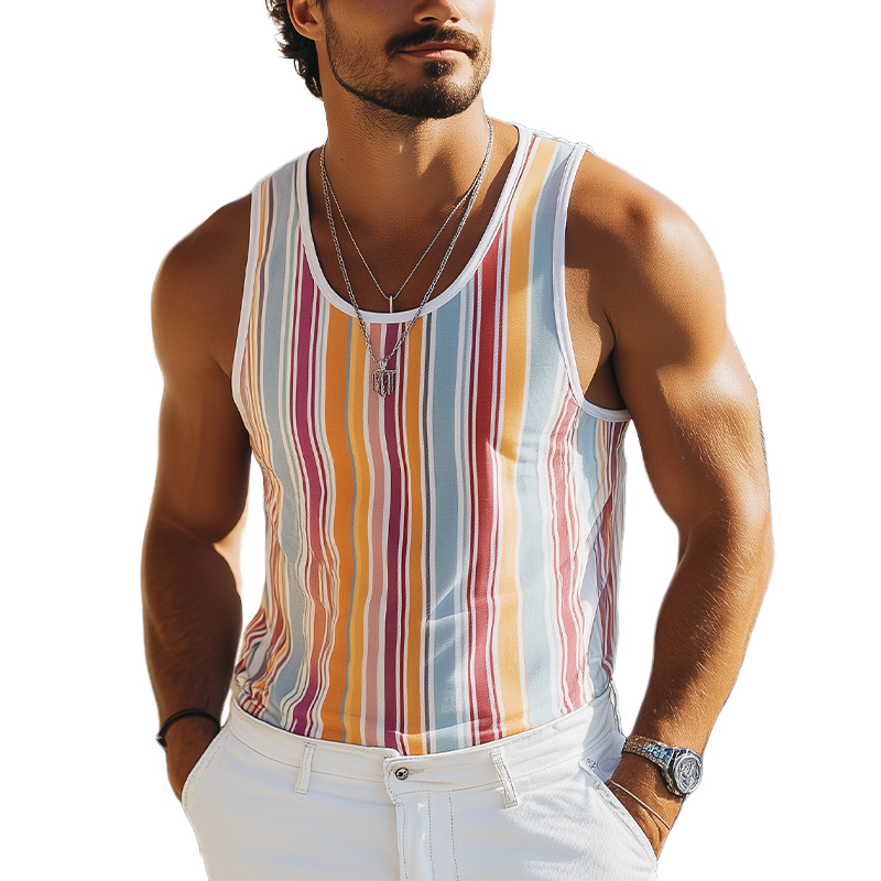 Men's Summer Fashion Casual Contrast Vertical Stripes Printed Tank Top MTA2224C3K