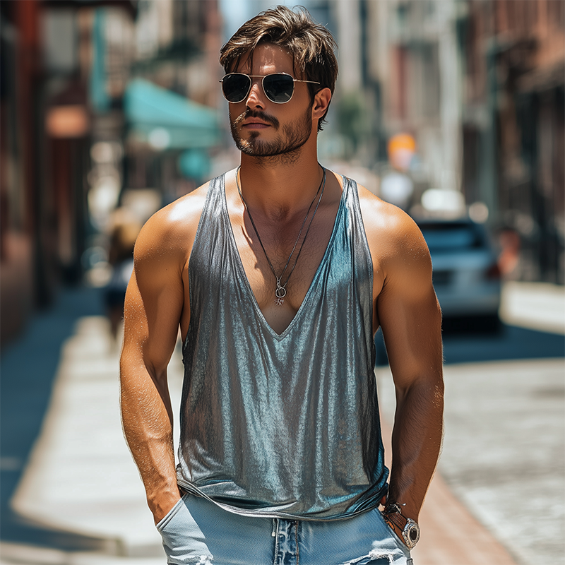 Men's Spring and Summer Fashion Sexy Silk Cotton Deep V-neck Tank Top MTA2460C0K