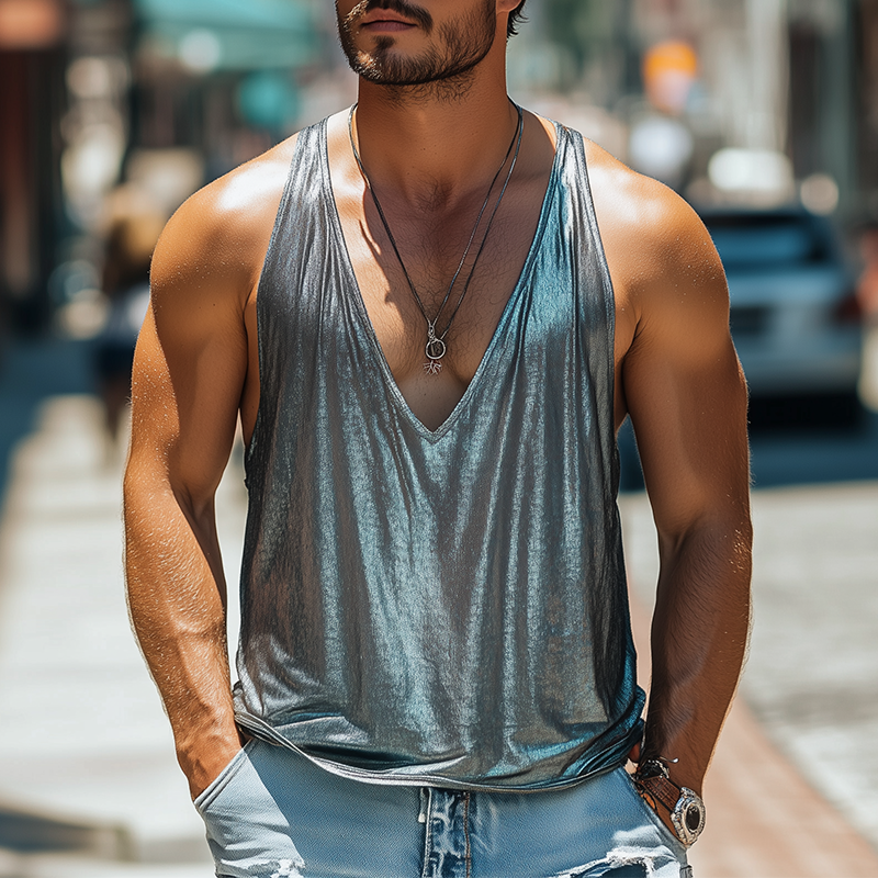 Men's Spring and Summer Fashion Sexy Silk Cotton Deep V-neck Tank Top MTA2460C0K