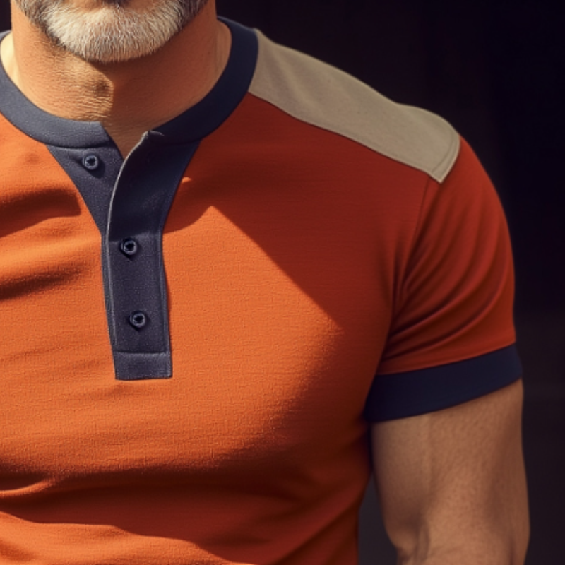 Men's Vintage Casual Cotton Colorblock Henley Collar Short Sleeve T-Shirt MTA2705C8TO