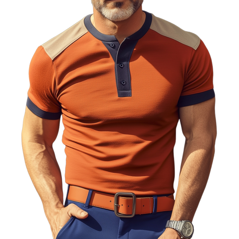 Men's Vintage Casual Cotton Colorblock Henley Collar Short Sleeve T-Shirt MTA2705C8TO