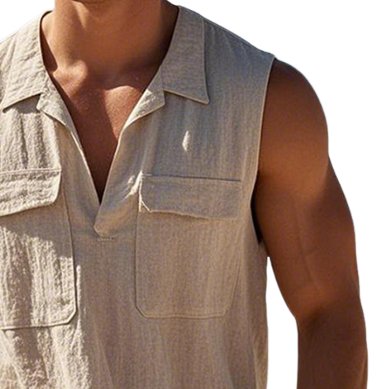 Men's Vintage Solid Color Linen Lapel Pocket Tank Top MTA3139C9TO