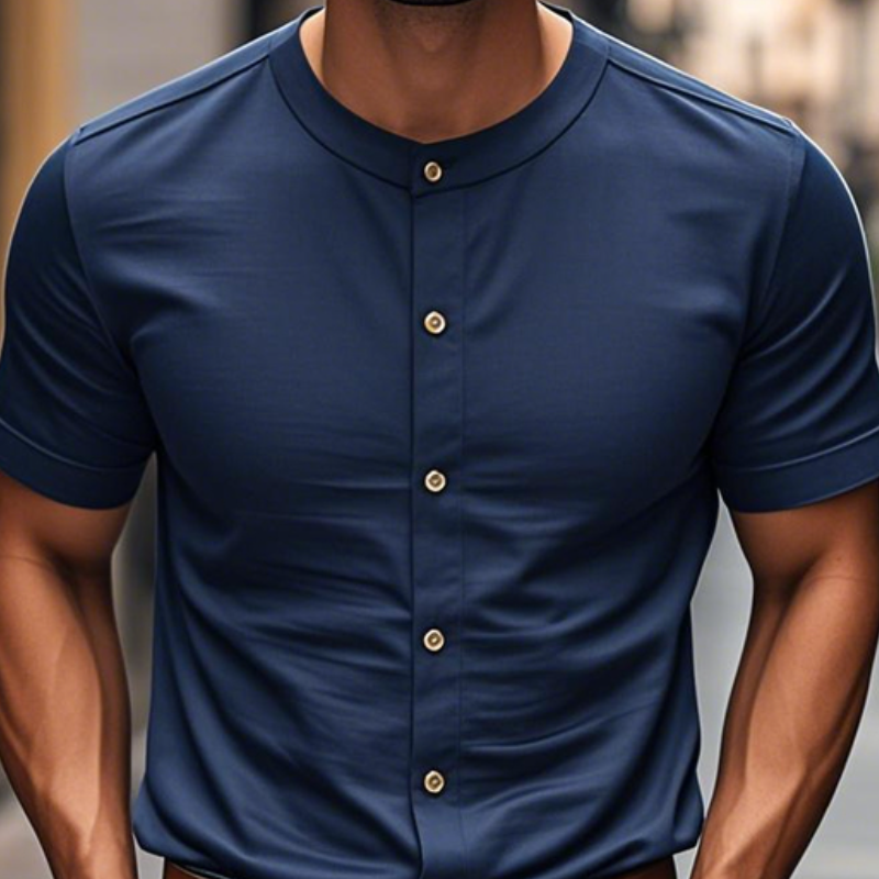 Men's Casual Cotton Round Neck Single Breasted Slim Fit Short Sleeve Shirt MTA3185C7M