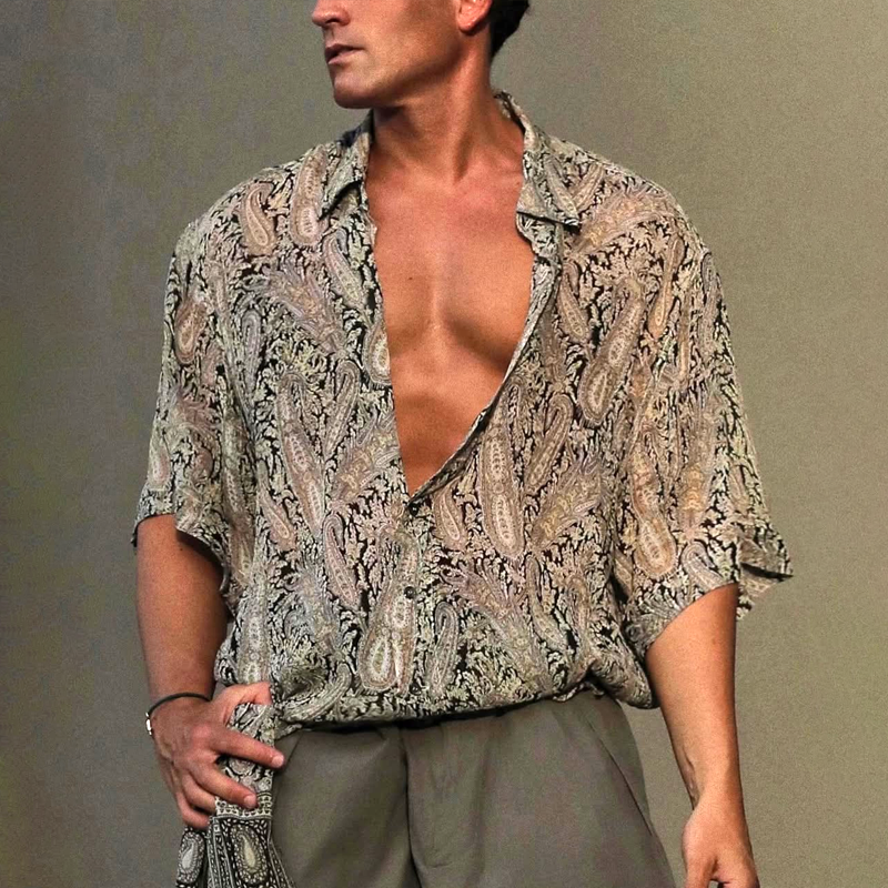 Men's Paisley Print Lapel Short Sleeve Shirt MTA0170D8Z