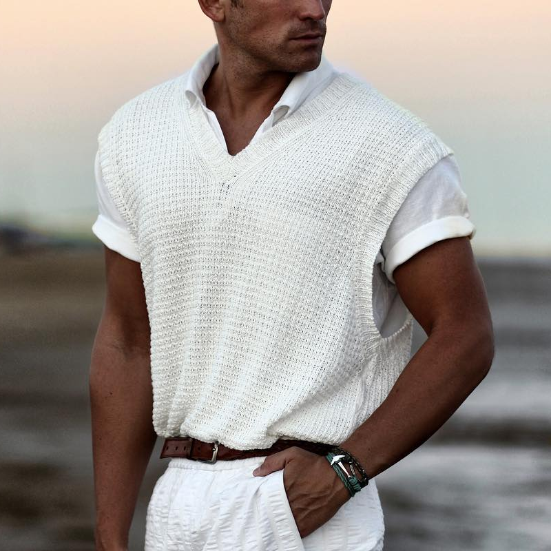 Men's Solid Knit V Neck Sleeveless Tank Top MTA0111D2Z