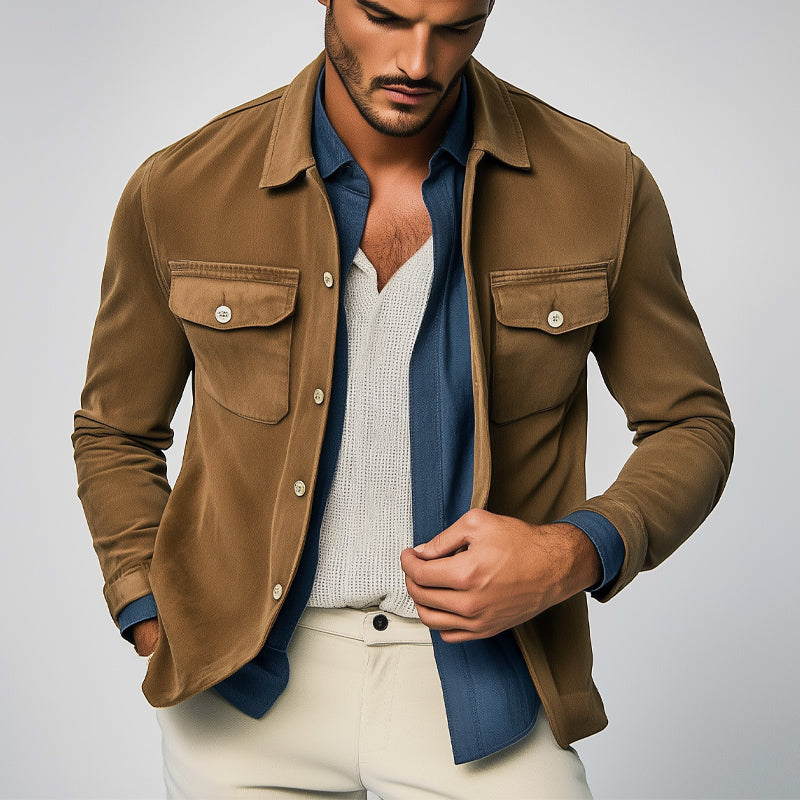 Men's Spring and Autumn Basic Brown Suede Long Sleeve Shirt MTA0126D9U