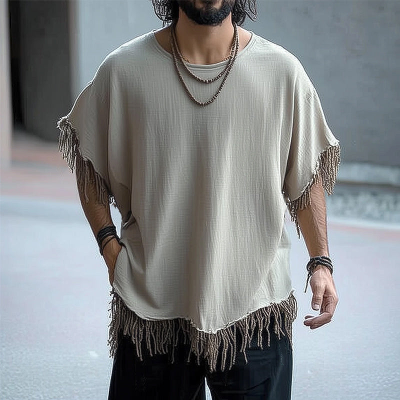 Men's Summer Ice Silk Wrinkled Tassel Loose Casual T-shirt MTA0166D9U