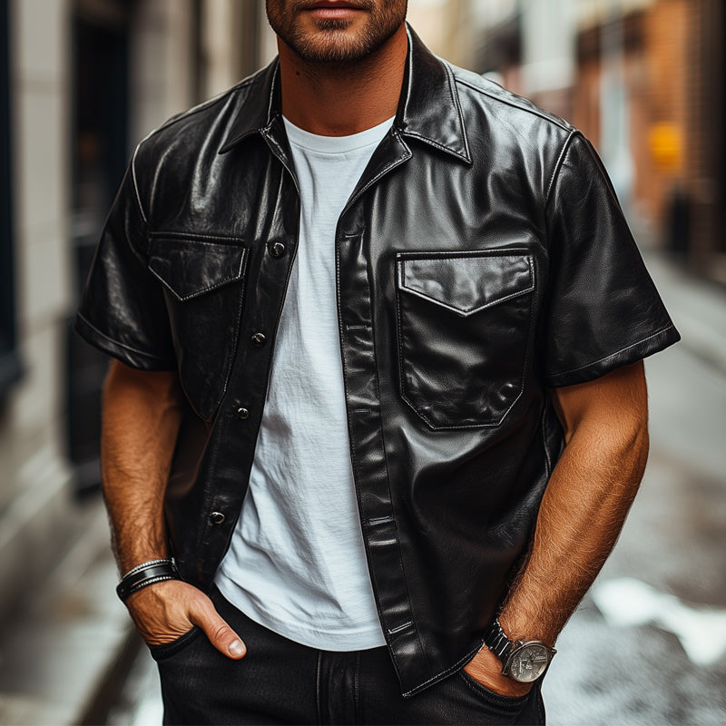 Men's Summer Loose Black Leather Short Sleeve Shirt MTA0157D6U