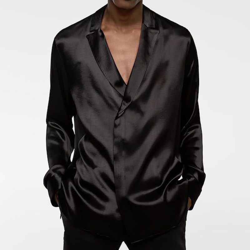Men's Spring Fashion Deep V Neck Satin Casual Black Long Sleeve Shirt MTA0137D6K
