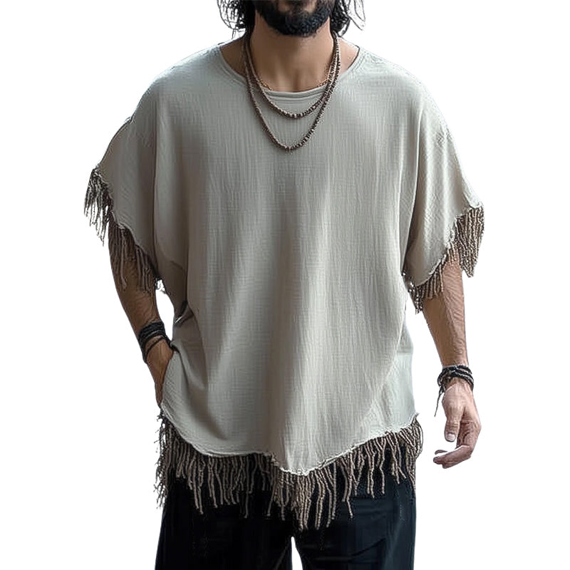 Men's Summer Ice Silk Wrinkled Tassel Loose Casual T-shirt MTA0166D9U