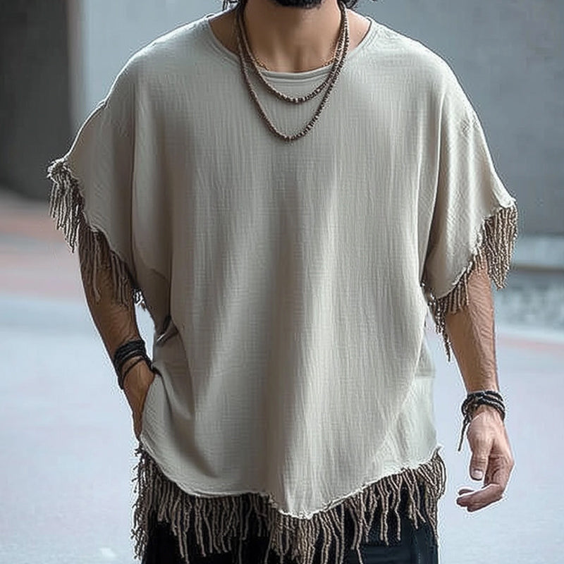 Men's Summer Ice Silk Wrinkled Tassel Loose Casual T-shirt MTA0166D9U