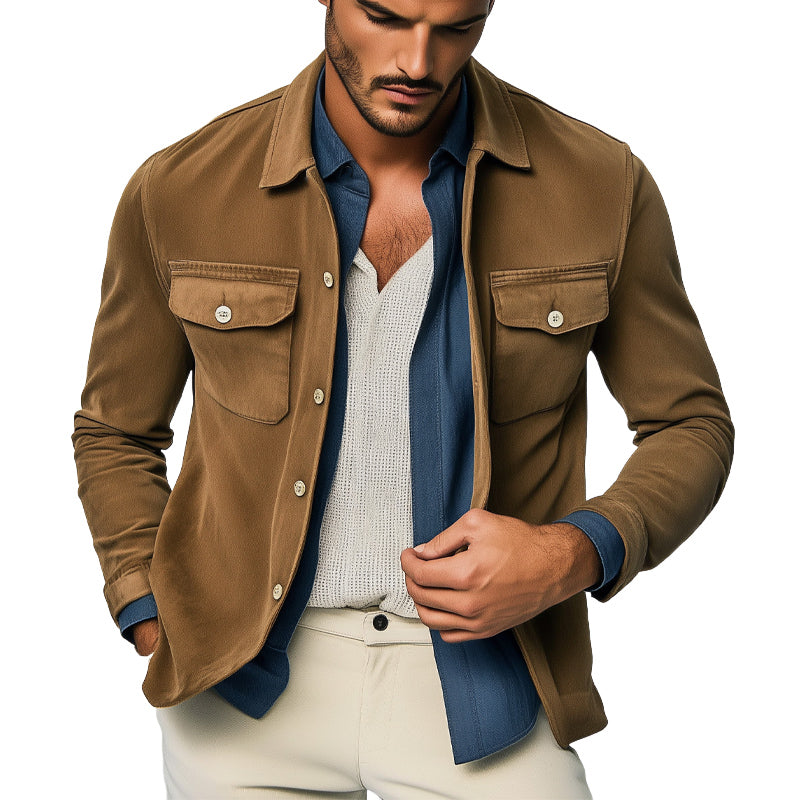 Men's Spring and Autumn Basic Brown Suede Long Sleeve Shirt MTA0126D9U