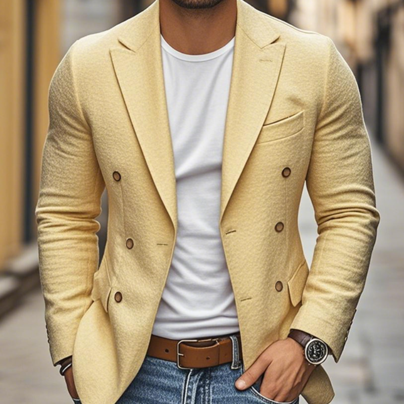Men's Casual Cotton Linen Peaked Lapel Double-Breasted Slim-Fit Blazer MTA0296D4M