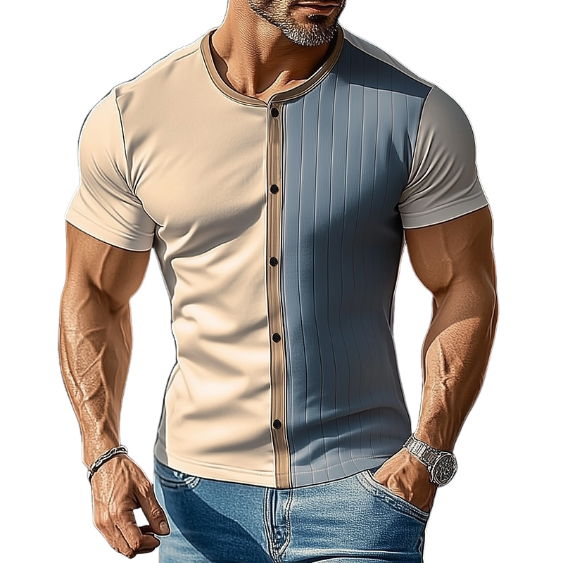 Men's Retro Casual Button Round Neck Short Sleeve T-Shirt MTA0220D9TO