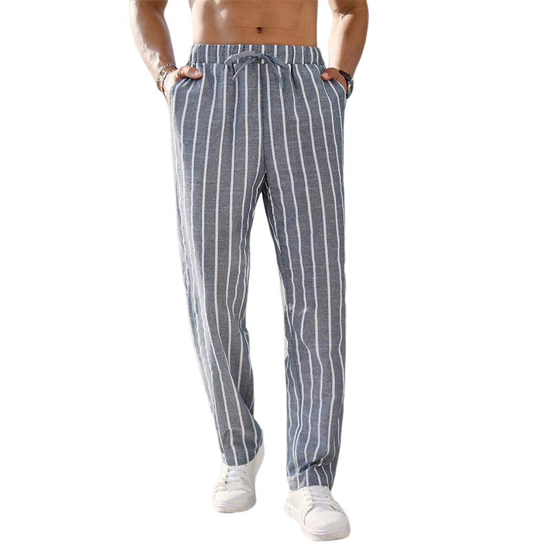 24-hour shipping out】Men's Casual Cotton and Linen Striped Elastic Be