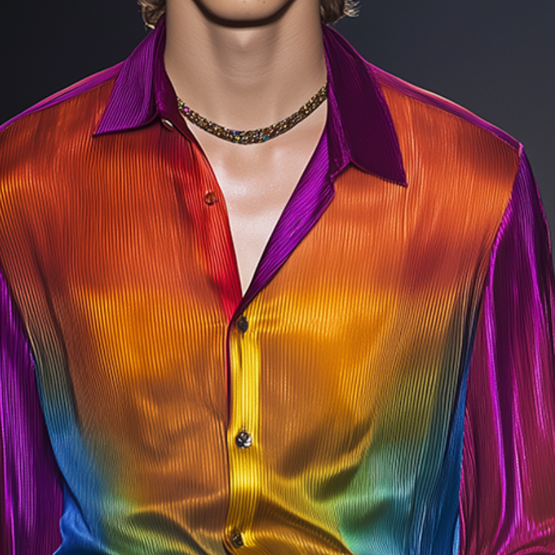 Men's Retro Casual Rainbow Print Light Lapel Long Sleeve Shirt MTA0202D8TO