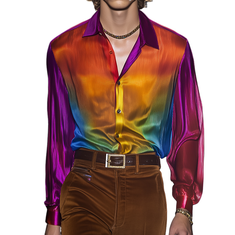 Men's Retro Casual Rainbow Print Light Lapel Long Sleeve Shirt MTA0202D8TO