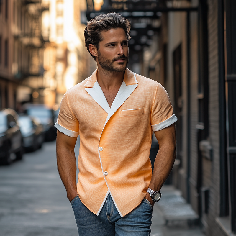 Men's Spring and Summer Fashion Slim Lapel Single-Breasted Tencel Cotton Short-Sleeved Shirt MTA0762D7K