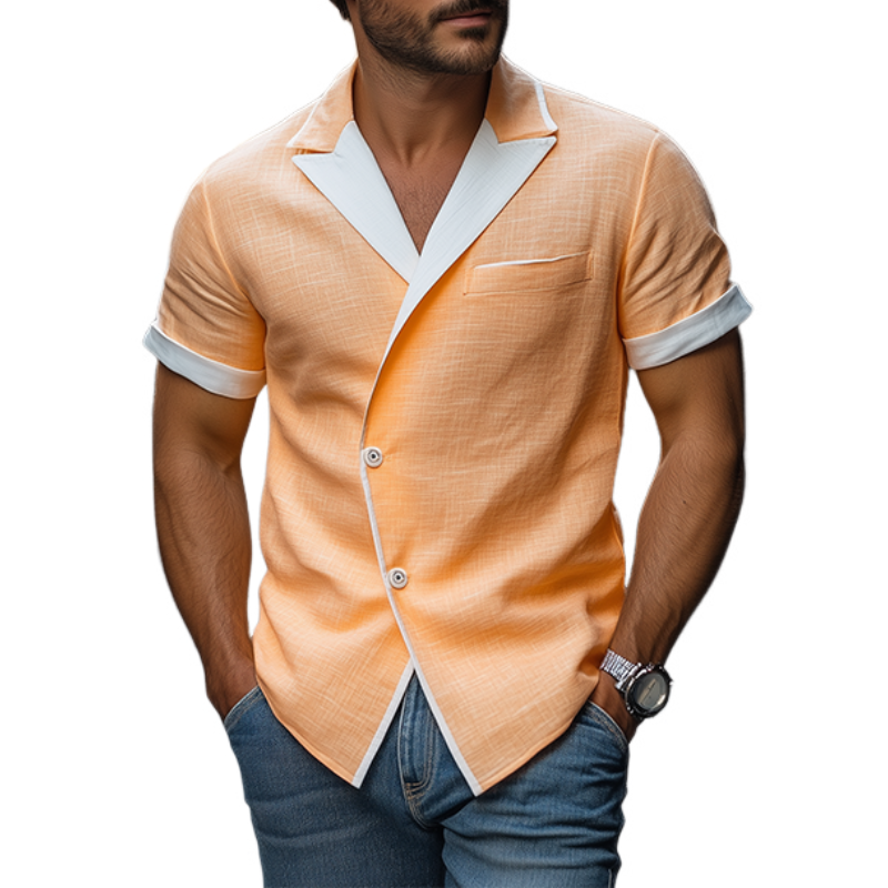 Men's Spring and Summer Fashion Slim Lapel Single-Breasted Tencel Cotton Short-Sleeved Shirt MTA0762D7K