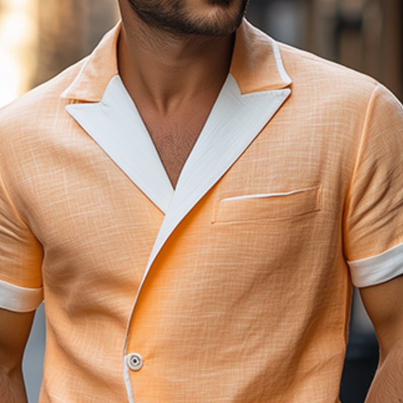 Men's Spring and Summer Fashion Slim Lapel Single-Breasted Tencel Cotton Short-Sleeved Shirt MTA0762D7K