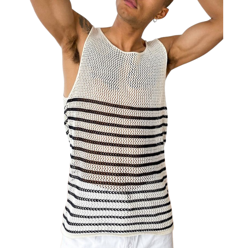 Men's Casual Round Neck Hollow Stripe Knitted Tank Top MTA0763D1M