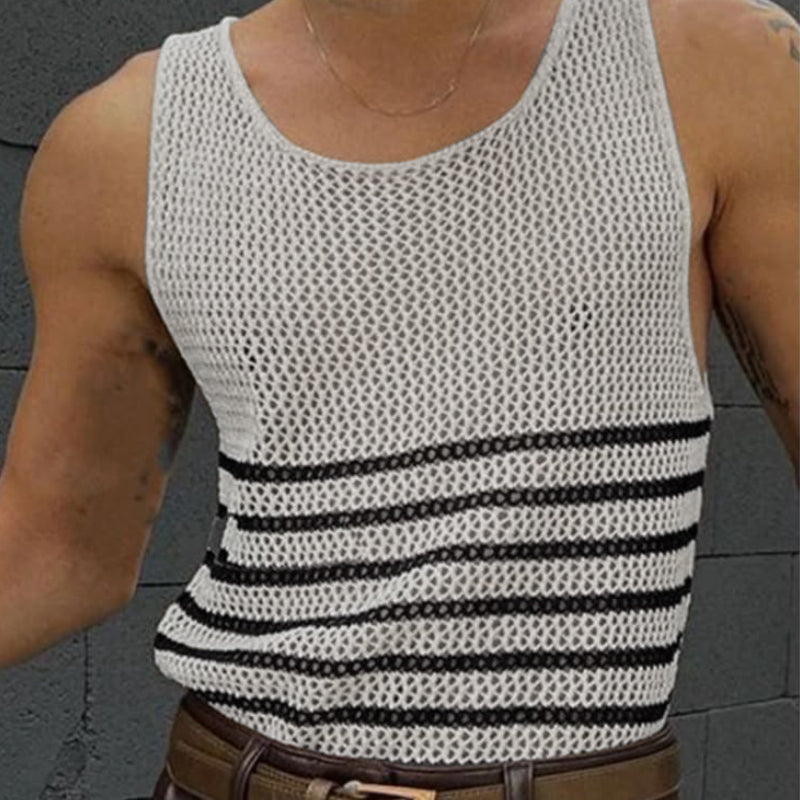 Men's Casual Round Neck Hollow Stripe Knitted Tank Top MTA0763D1M