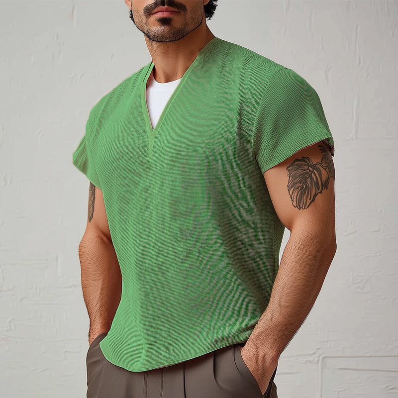 Men's Summer Basic V-neck Textured Short-sleeved T-shirt MTA0805D9U