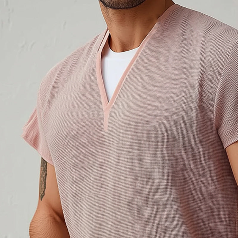 Men's Summer Basic V-neck Textured Short-sleeved T-shirt MTA0805D9U