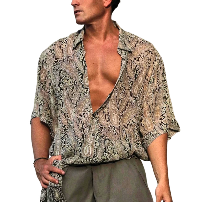 Men's Paisley Print Lapel Short Sleeve Shirt MTA0170D8Z